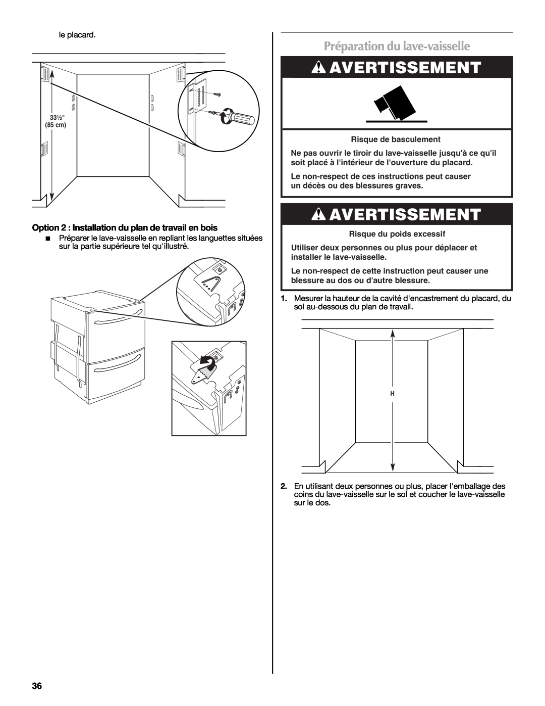 Maytag W10300218A installation instructions Préparation du lave-vaisselle, Avertissement 
