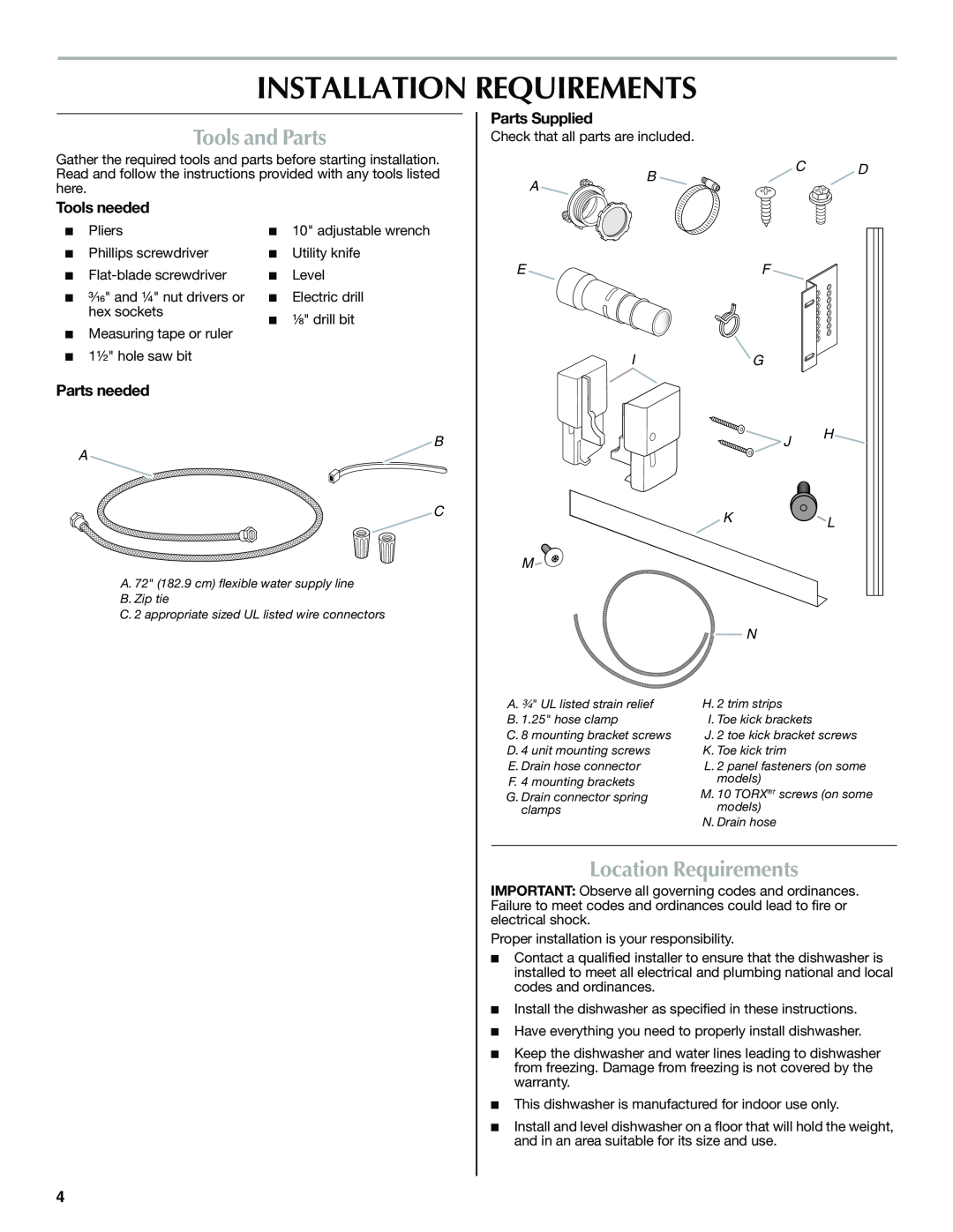 Maytag W10300218A Installation Requirements, Tools and Parts, Location Requirements, Bc D, B A C, Ef Ig J H K L M N 