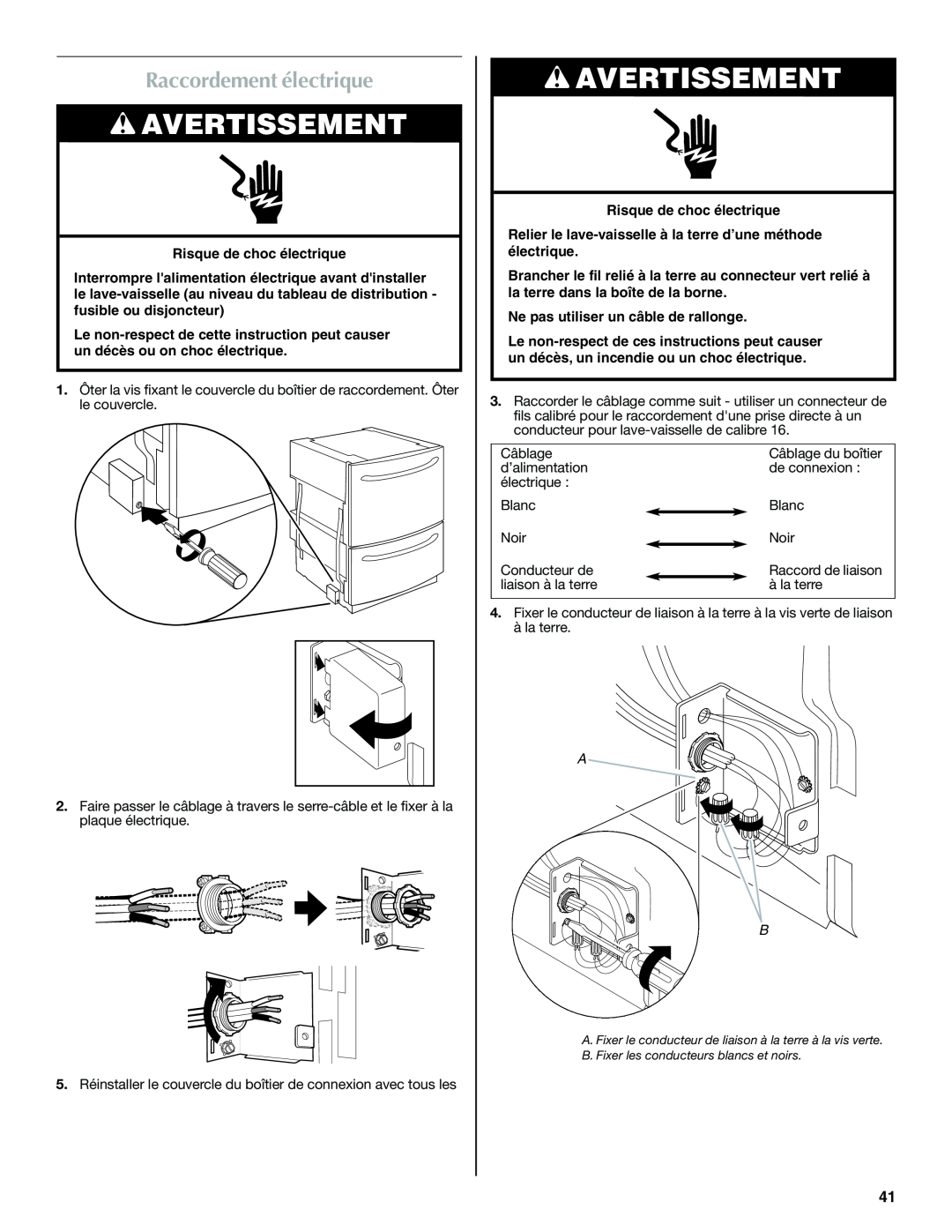 Maytag W10300218A installation instructions Raccordement électrique, Avertissement 