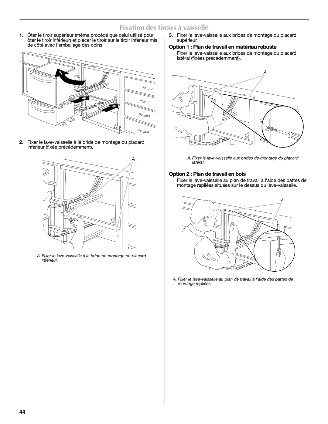 Maytag W10300218A installation instructions Fixation des tiroirs à vaisselle, Option 1 Plan de travail en matériau robuste 