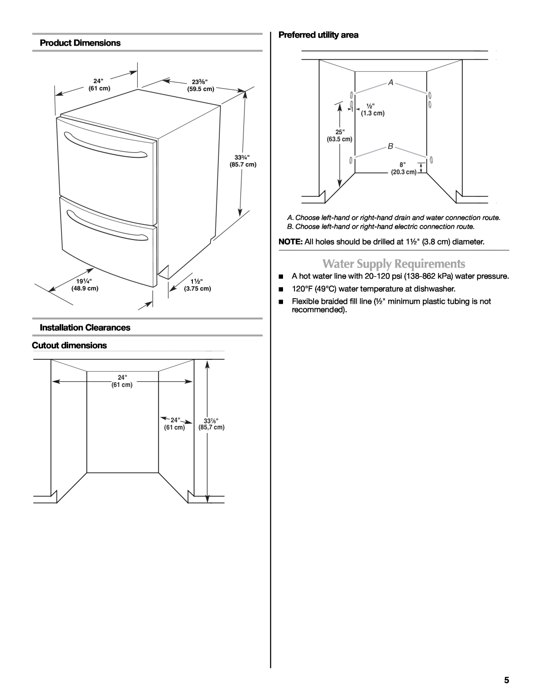 Maytag W10300218A Water Supply Requirements, Product Dimensions, Installation Clearances Cutout dimensions 