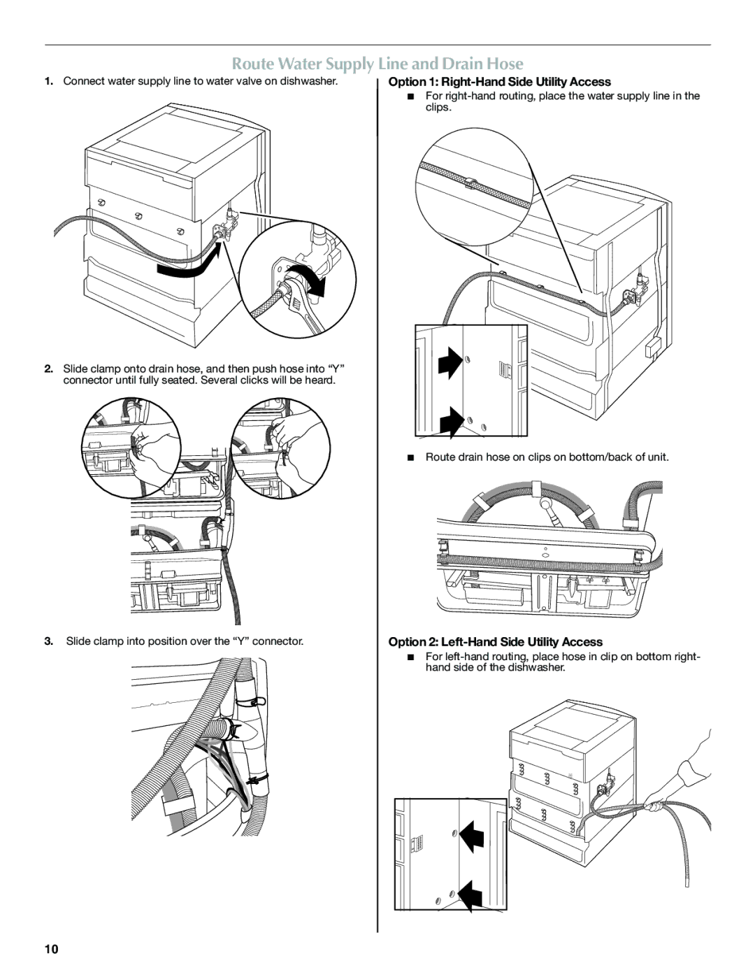 Maytag W10300218B installation instructions Route Water Supply Line and Drain Hose, Option 1 Right-Hand Side Utility Access 