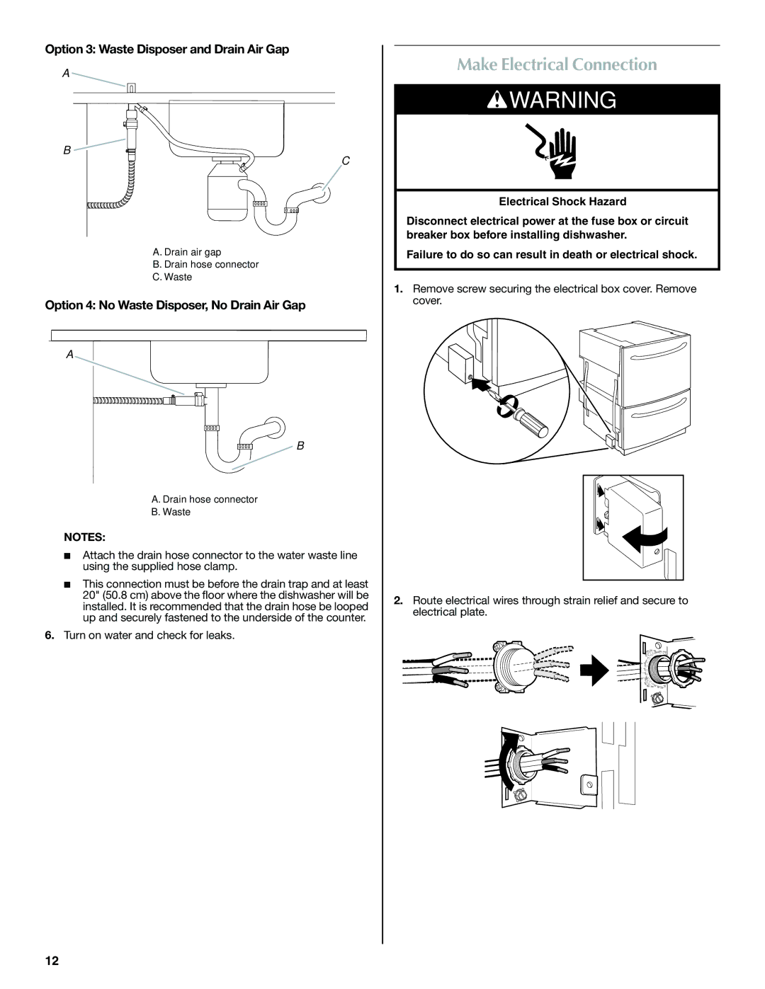 Maytag W10300218B installation instructions Make Electrical Connection, Option 3 Waste Disposer and Drain Air Gap 