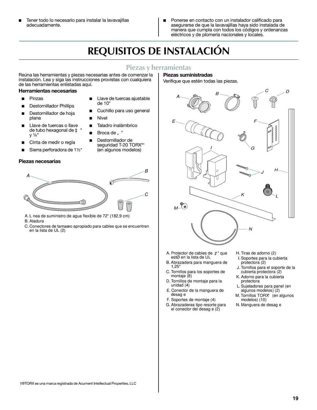 Maytag W10300218B Requisitos DE Instalación, Piezas y herramientas, Piezas suministradas, Herramientas necesarias 