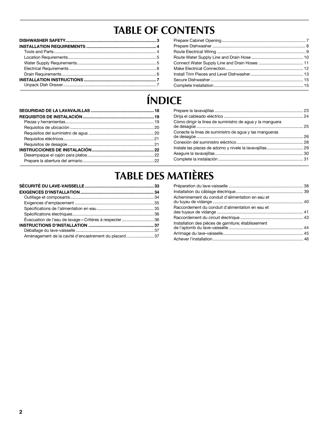 Maytag W10300218B installation instructions Table of Contents, Índice, Table DES Matières 