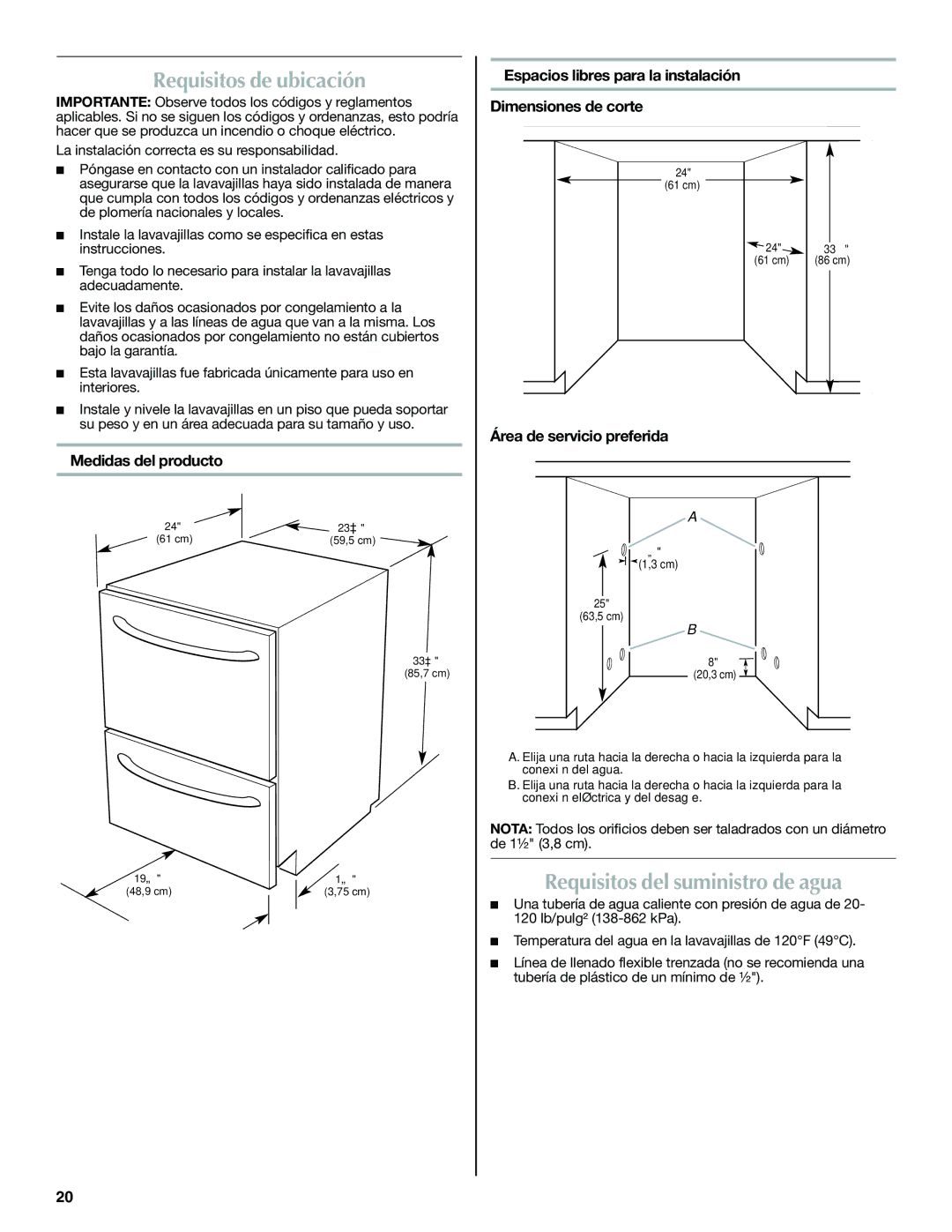 Maytag W10300218B Requisitos de ubicación, Requisitos del suministro de agua, Medidas del producto 