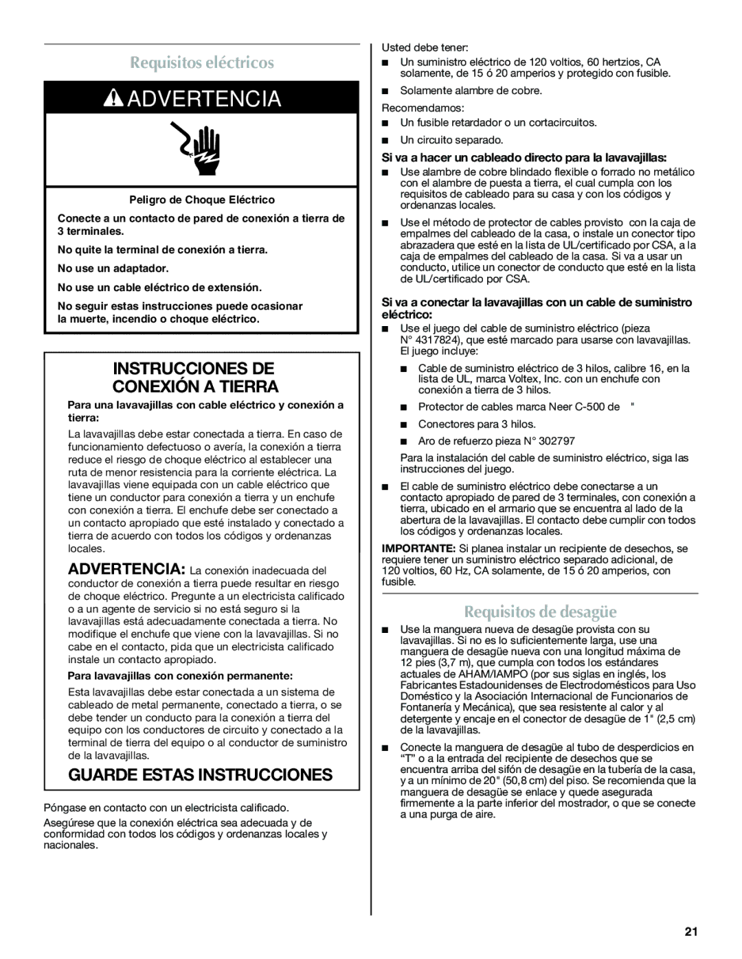 Maytag W10300218B Requisitos eléctricos, Requisitos de desagüe, Si va a hacer un cableado directo para la lavavajillas 