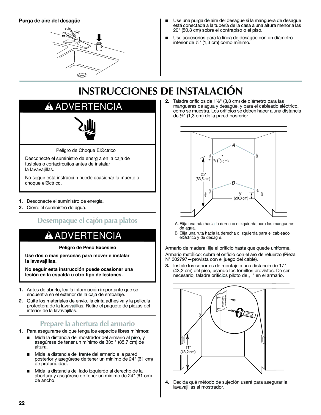 Maytag W10300218B Instrucciones DE Instalación, Desempaque el cajón para platos, Prepare la abertura del armario 