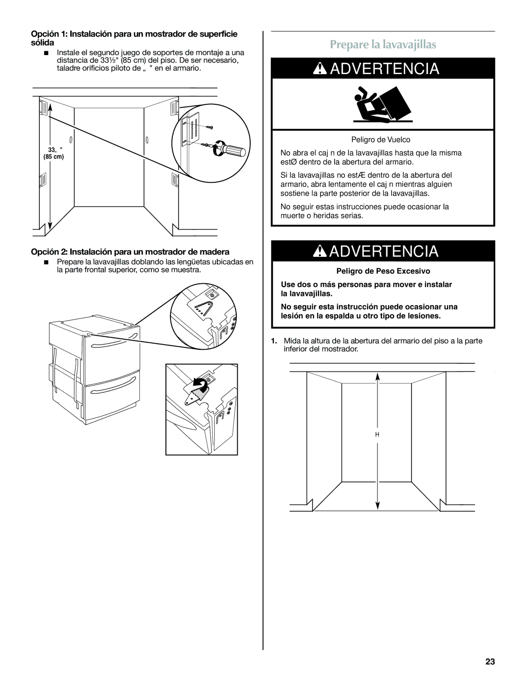 Maytag W10300218B Prepare la lavavajillas, Opción 1 Instalación para un mostrador de superficie sólida 