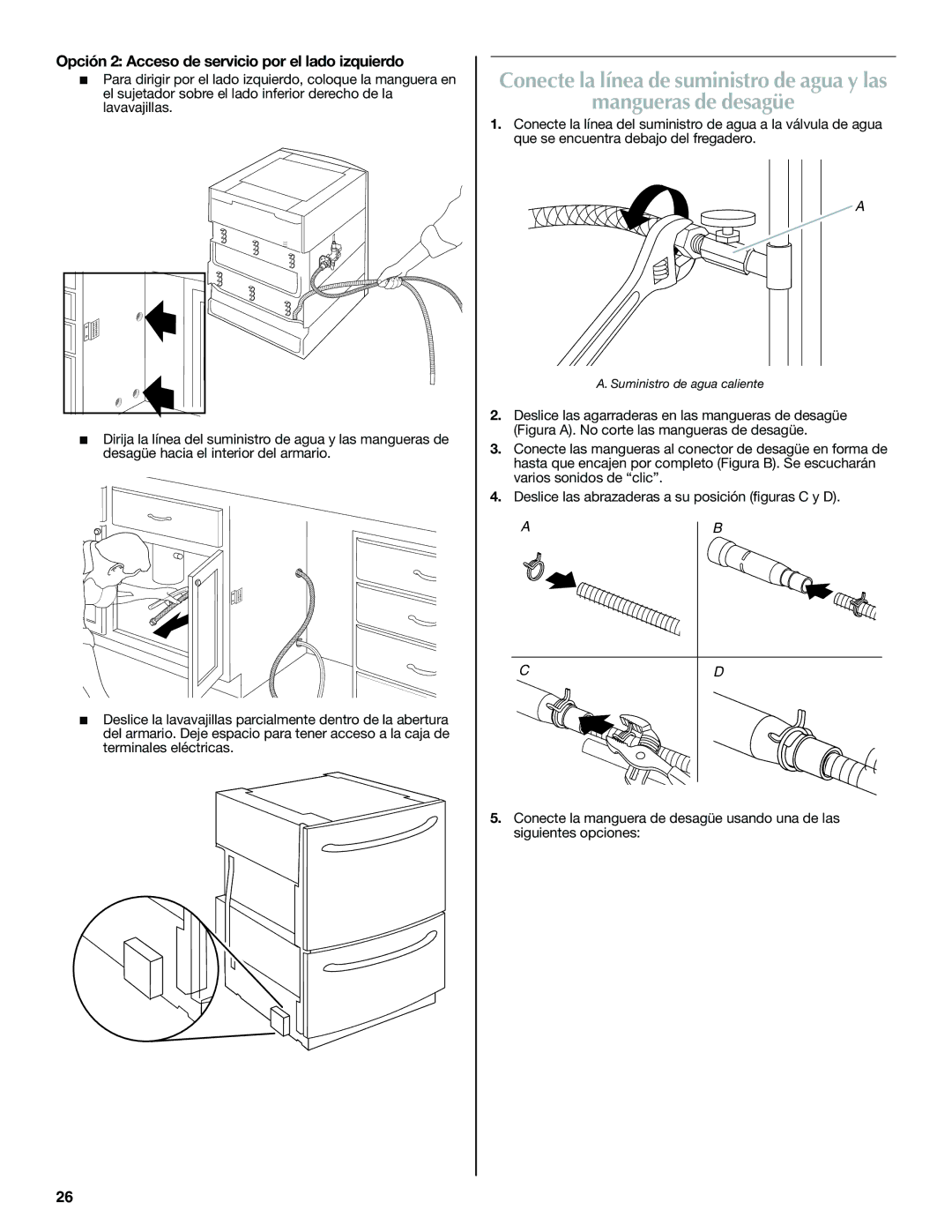 Maytag W10300218B installation instructions Mangueras de desagüe, Opción 2 Acceso de servicio por el lado izquierdo 