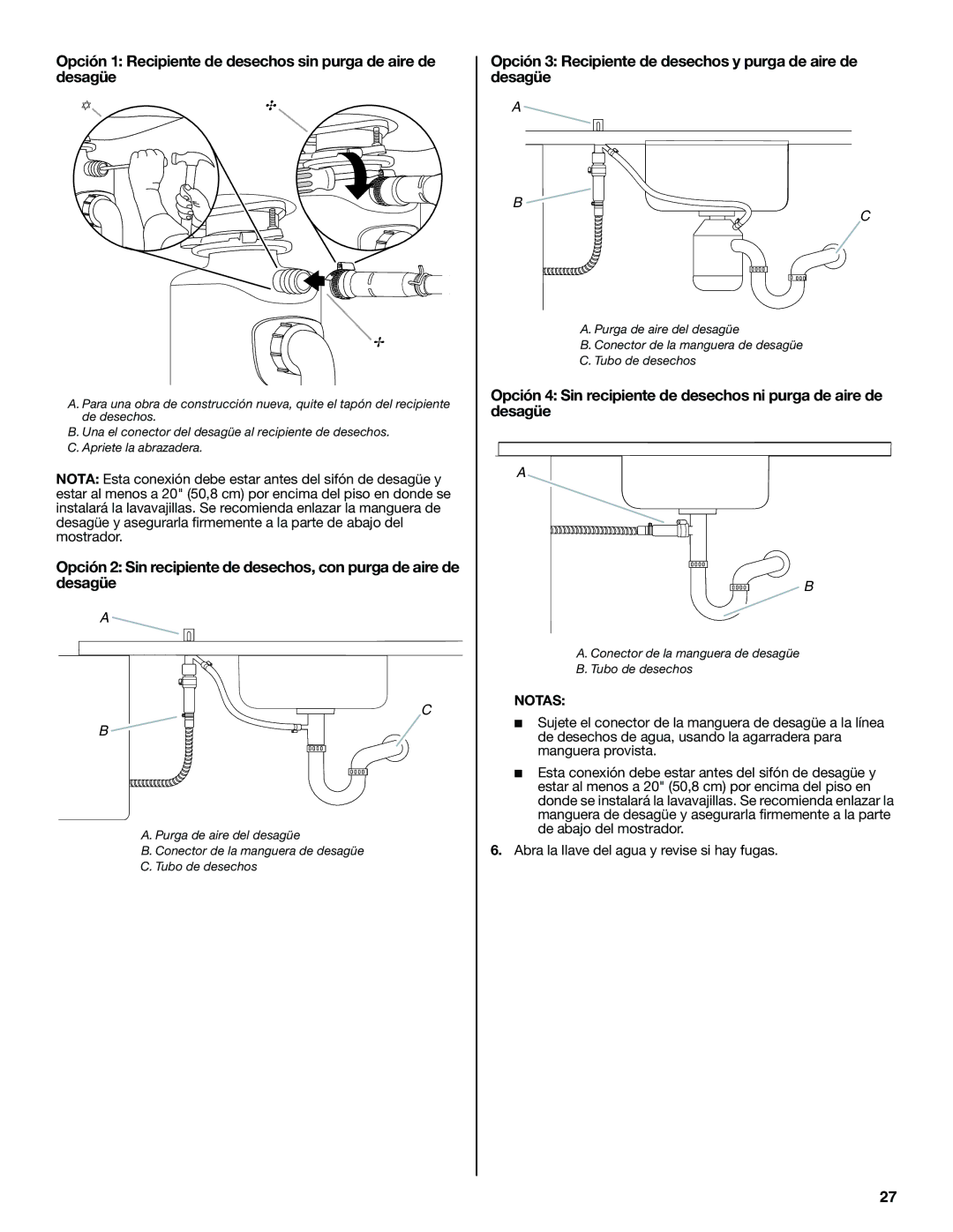 Maytag W10300218B installation instructions Opción 1 Recipiente de desechos sin purga de aire de desagüe 