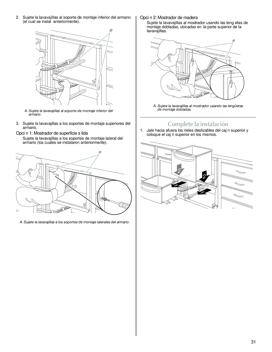 Maytag W10300218B Complete la instalación, Opción 2 Mostrador de madera, Opción 1 Mostrador de superficie sólida 