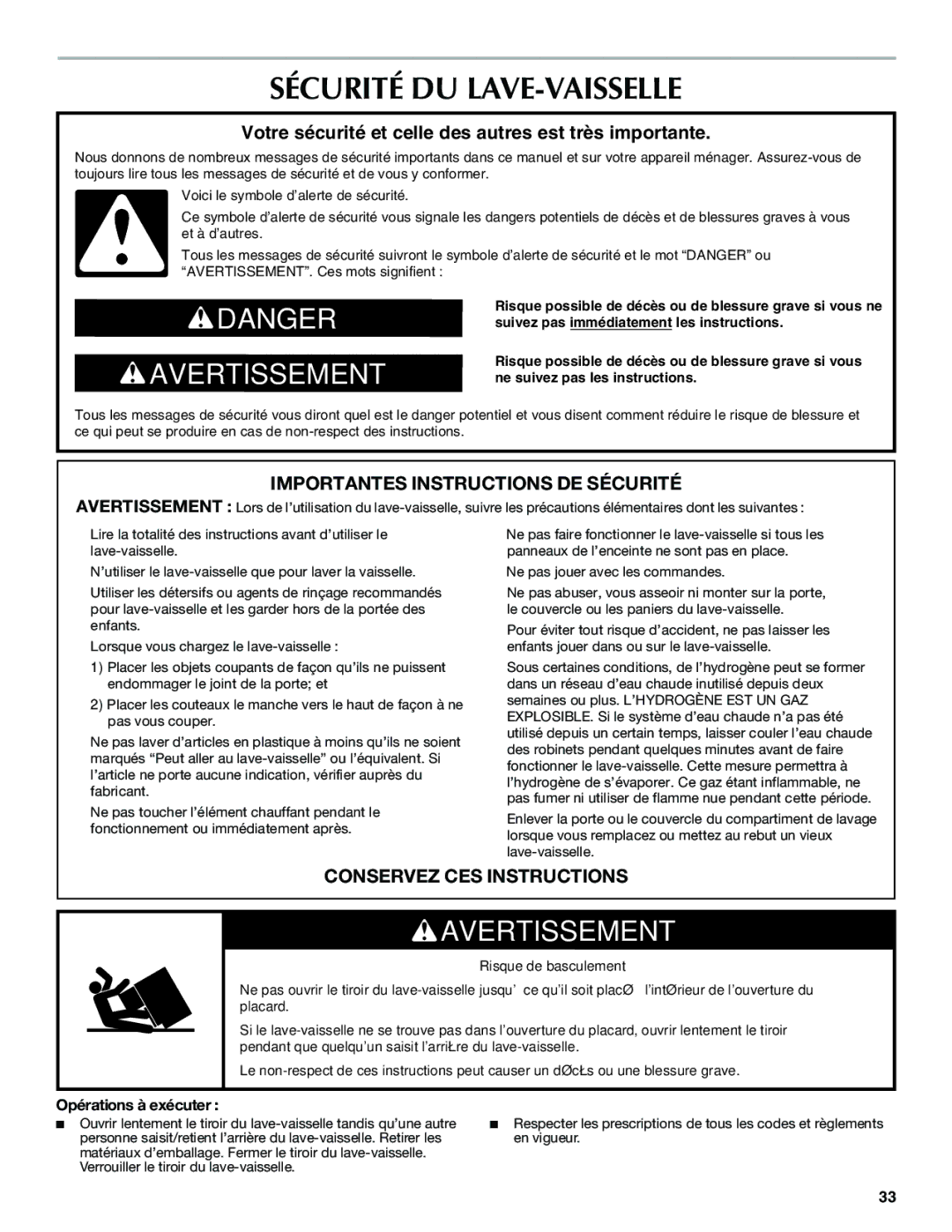 Maytag W10300218B installation instructions Sécurité DU LAVE-VAISSELLE, Opérations à exécuter 