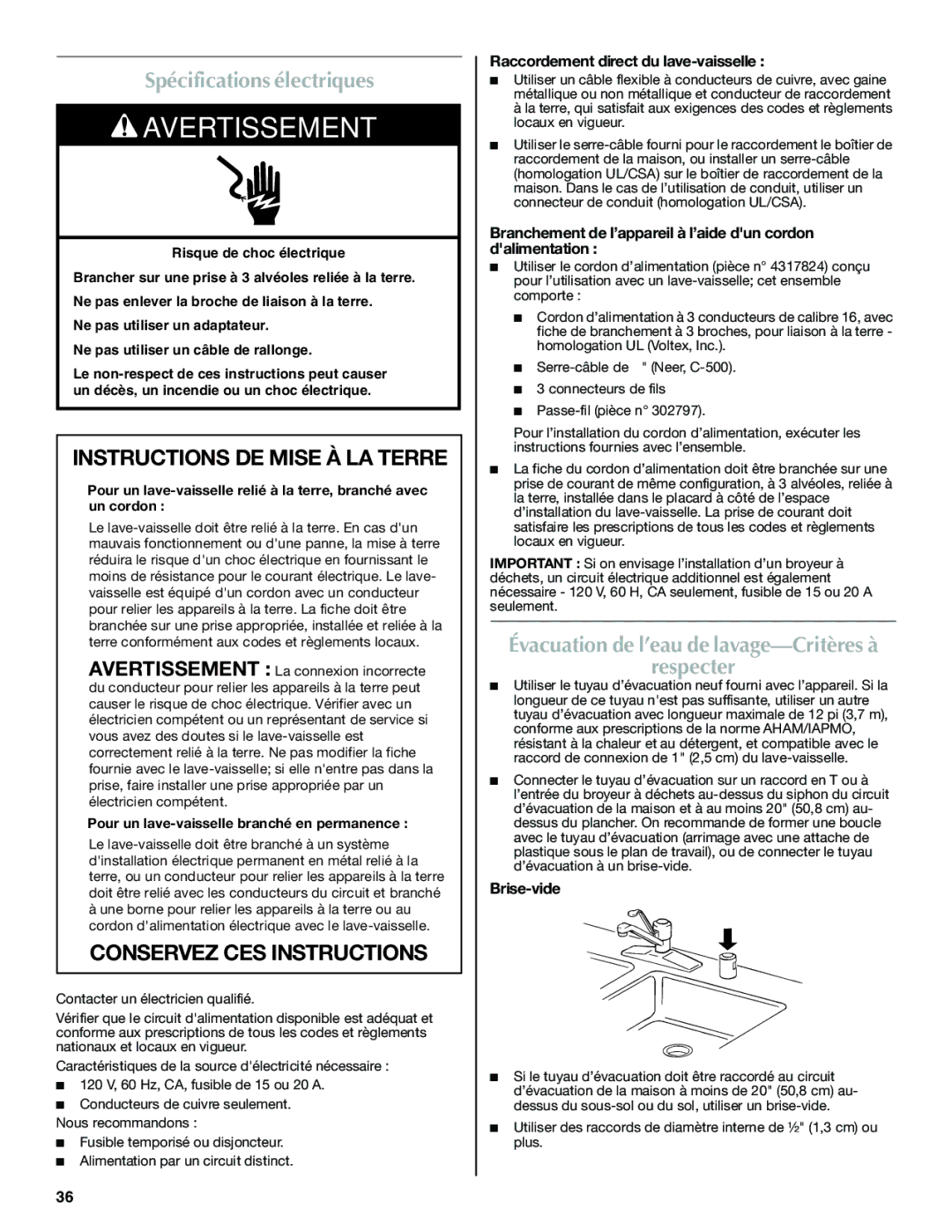 Maytag W10300218B Spécifications électriques, Respecter, Raccordement direct du lave-vaisselle, Brise-vide 