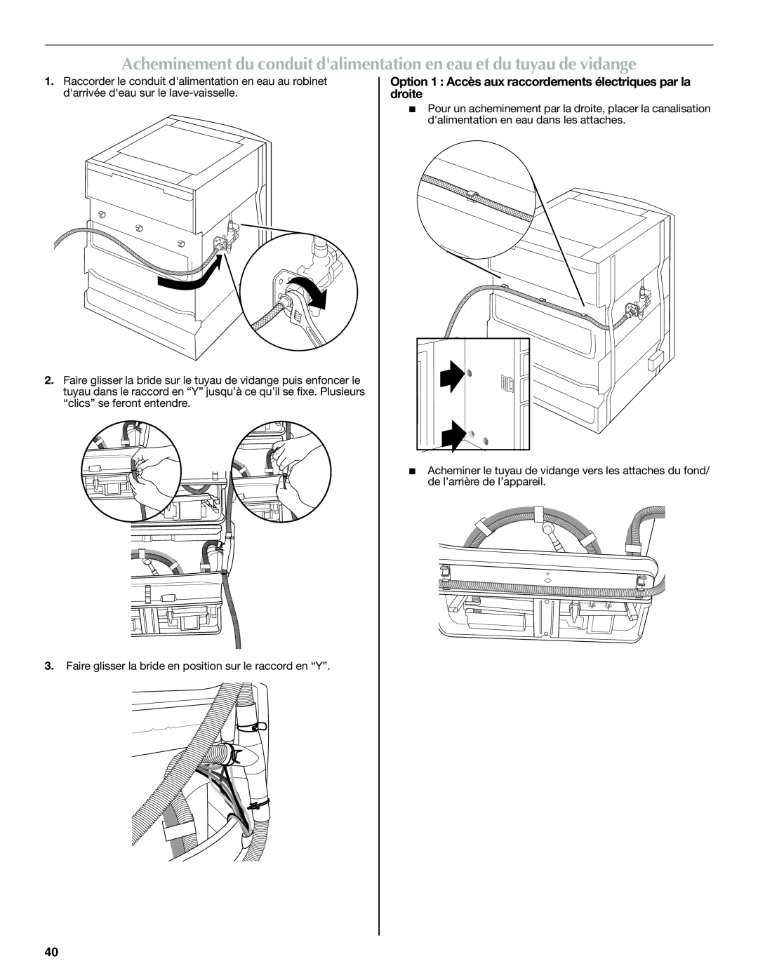 Maytag W10300218B installation instructions Option 1 Accès aux raccordements électriques par la droite 