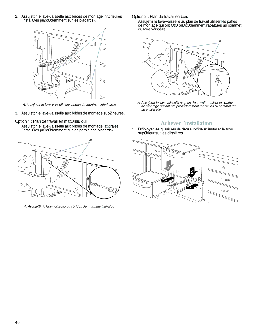 Maytag W10300218B installation instructions Achever l’installation, Option 1 Plan de travail en matériau dur 