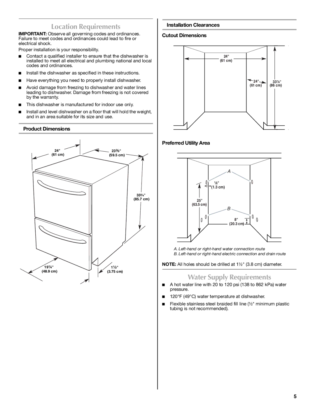 Maytag W10300218B Location Requirements, Water Supply Requirements, Product Dimensions, Preferred Utility Area 