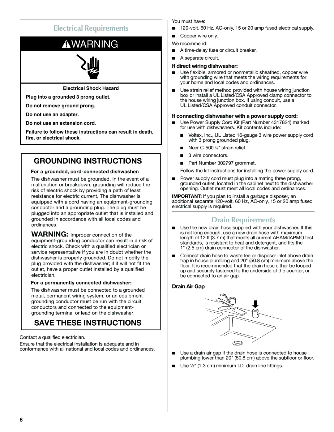 Maytag W10300218B Electrical Requirements, Drain Requirements, If direct wiring dishwasher, Drain Air Gap 