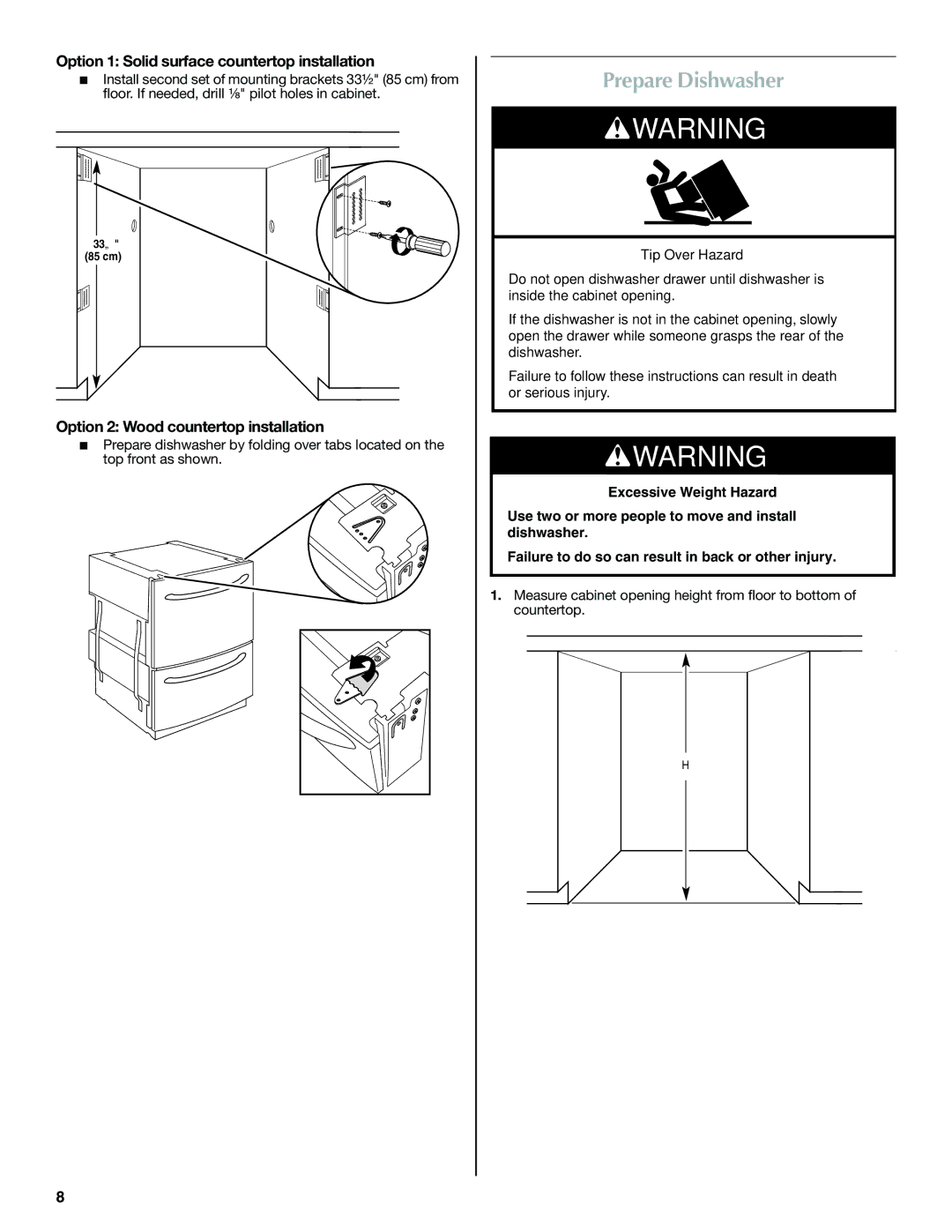 Maytag W10300218B installation instructions Prepare Dishwasher, Option 1 Solid surface countertop installation 