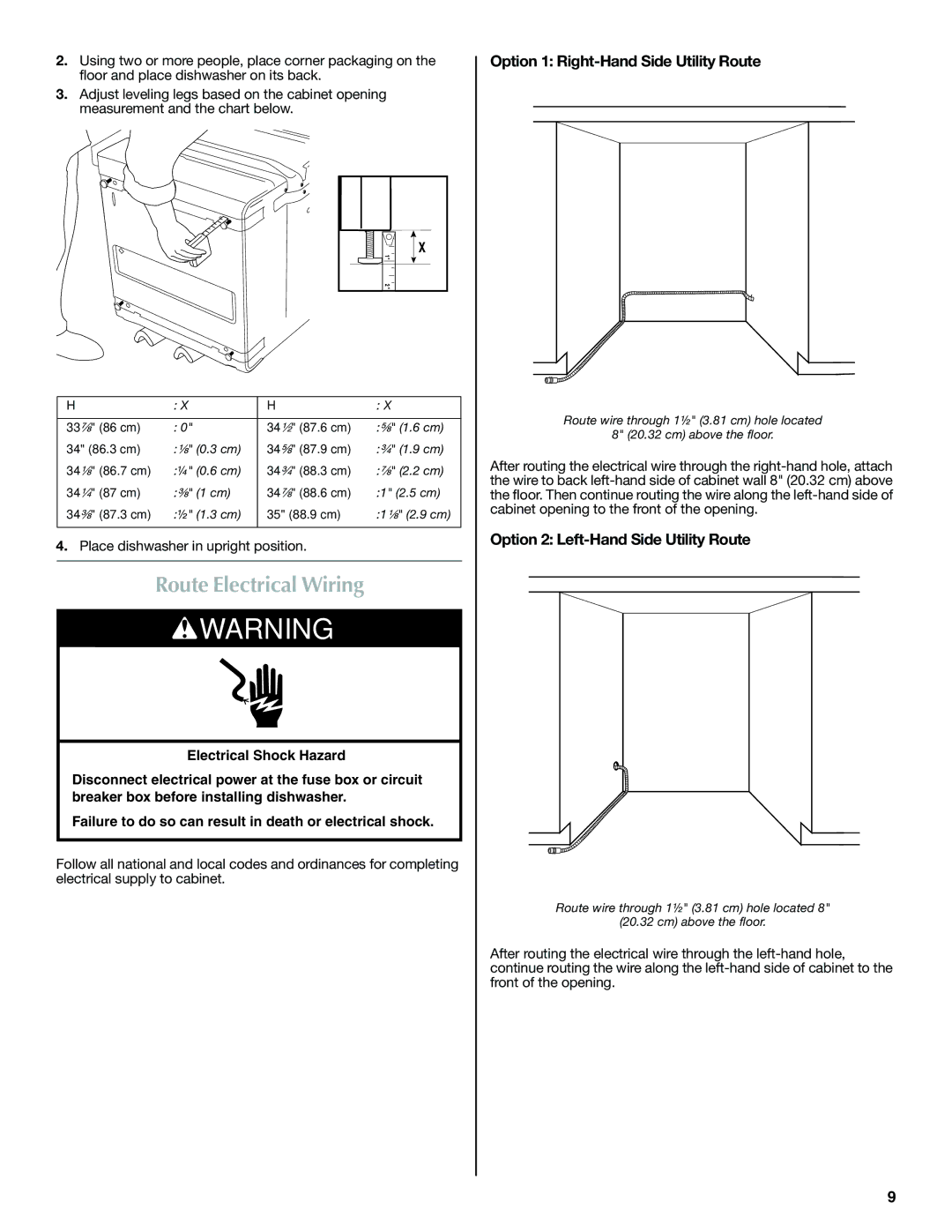 Maytag W10300218B Route Electrical Wiring, Option 1 Right-Hand Side Utility Route, Option 2 Left-Hand Side Utility Route 