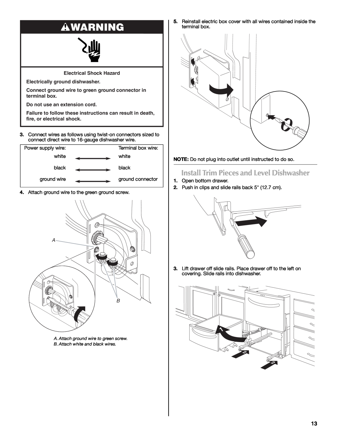 Maytag W10300218B installation instructions Install Trim Pieces and Level Dishwasher, Power supply wire, Terminal box wire 