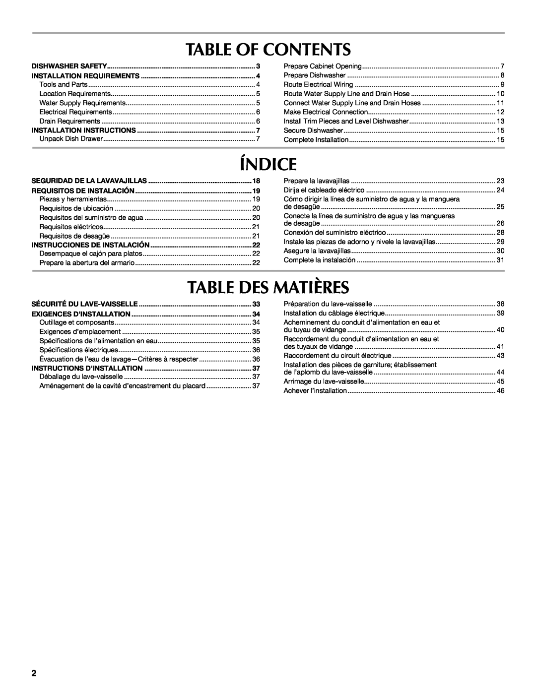 Maytag W10300218B installation instructions Table Of Contents, Índice, Table Des Matières 
