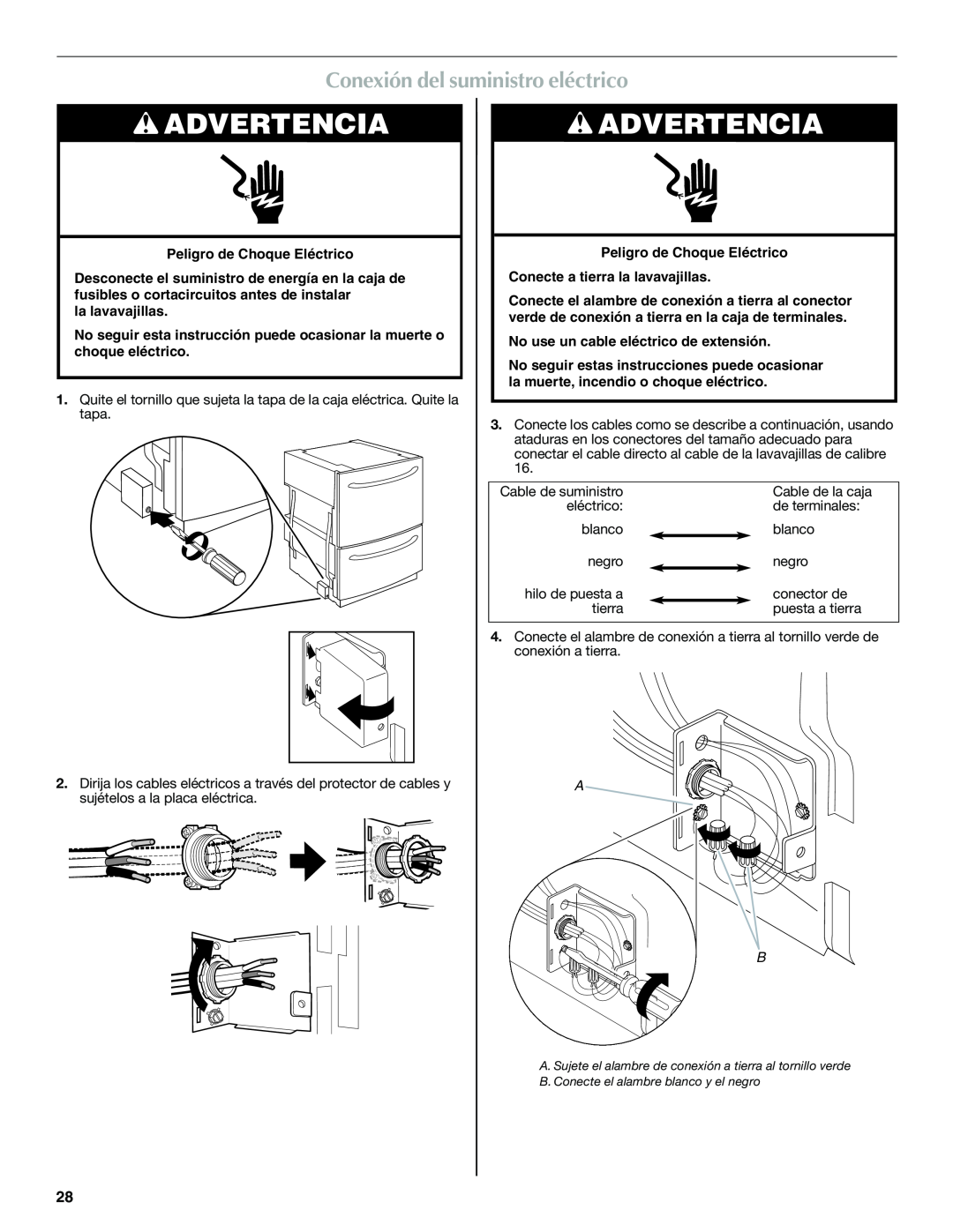 Maytag W10300218B installation instructions Conexión del suministro eléctrico, Advertencia 