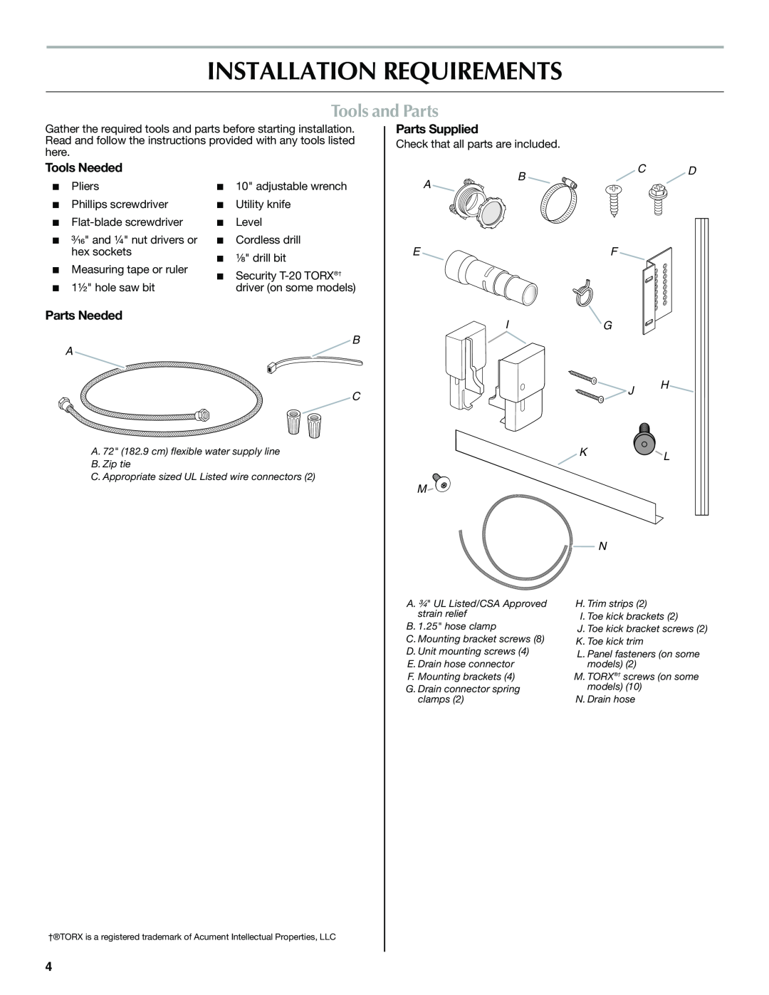Maytag W10300218B Installation Requirements, Tools and Parts, Parts Supplied, Tools Needed, Parts Needed, Bc D, B A C 