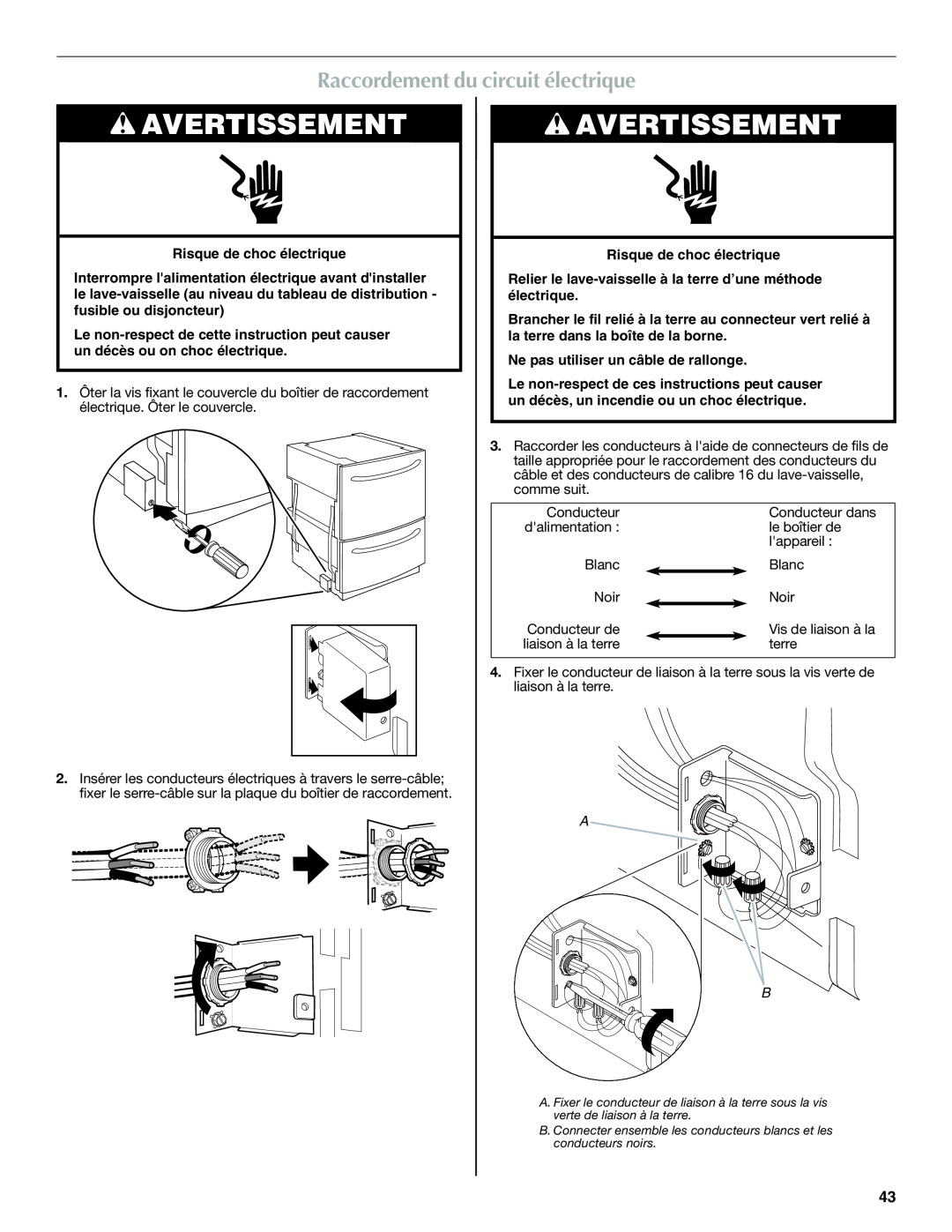 Maytag W10300218B installation instructions Raccordement du circuit électrique, Avertissement 