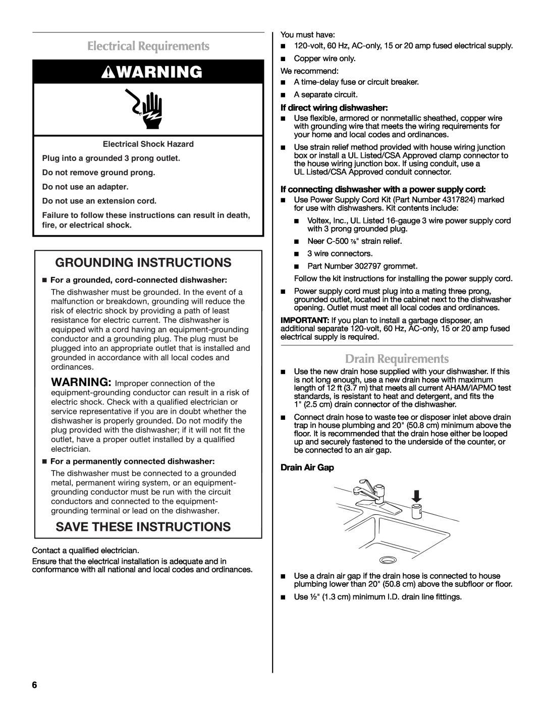 Maytag W10300218B Electrical Requirements, Grounding Instructions, Save These Instructions, Drain Requirements 