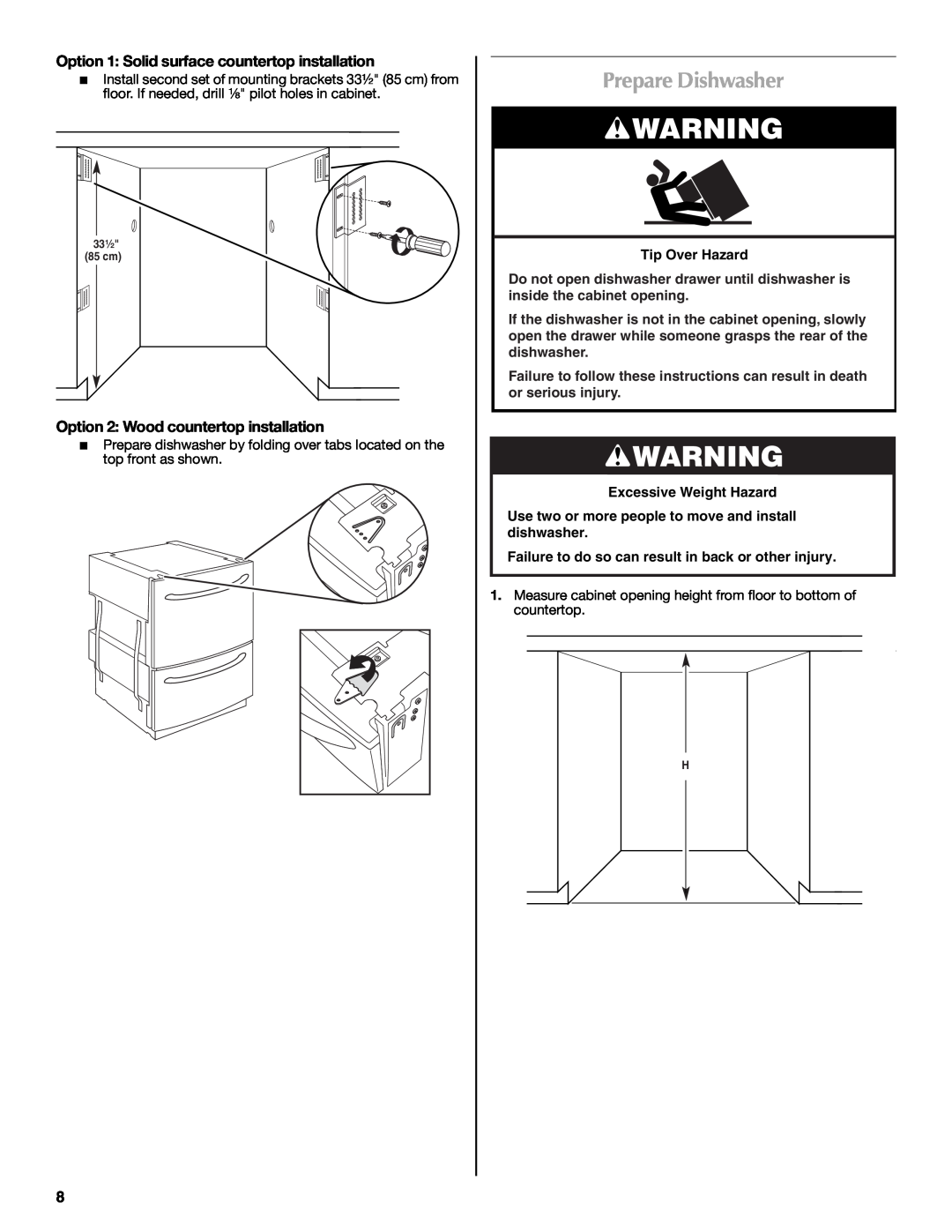 Maytag W10300218B installation instructions Prepare Dishwasher, Option 1 Solid surface countertop installation 