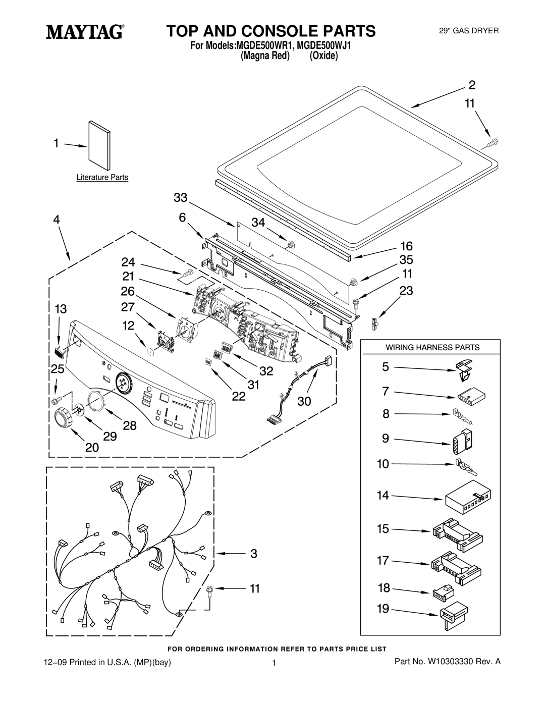 Maytag MGDE500WR1, W10303330, MGDE500WJ1 manual TOP and Console Parts 