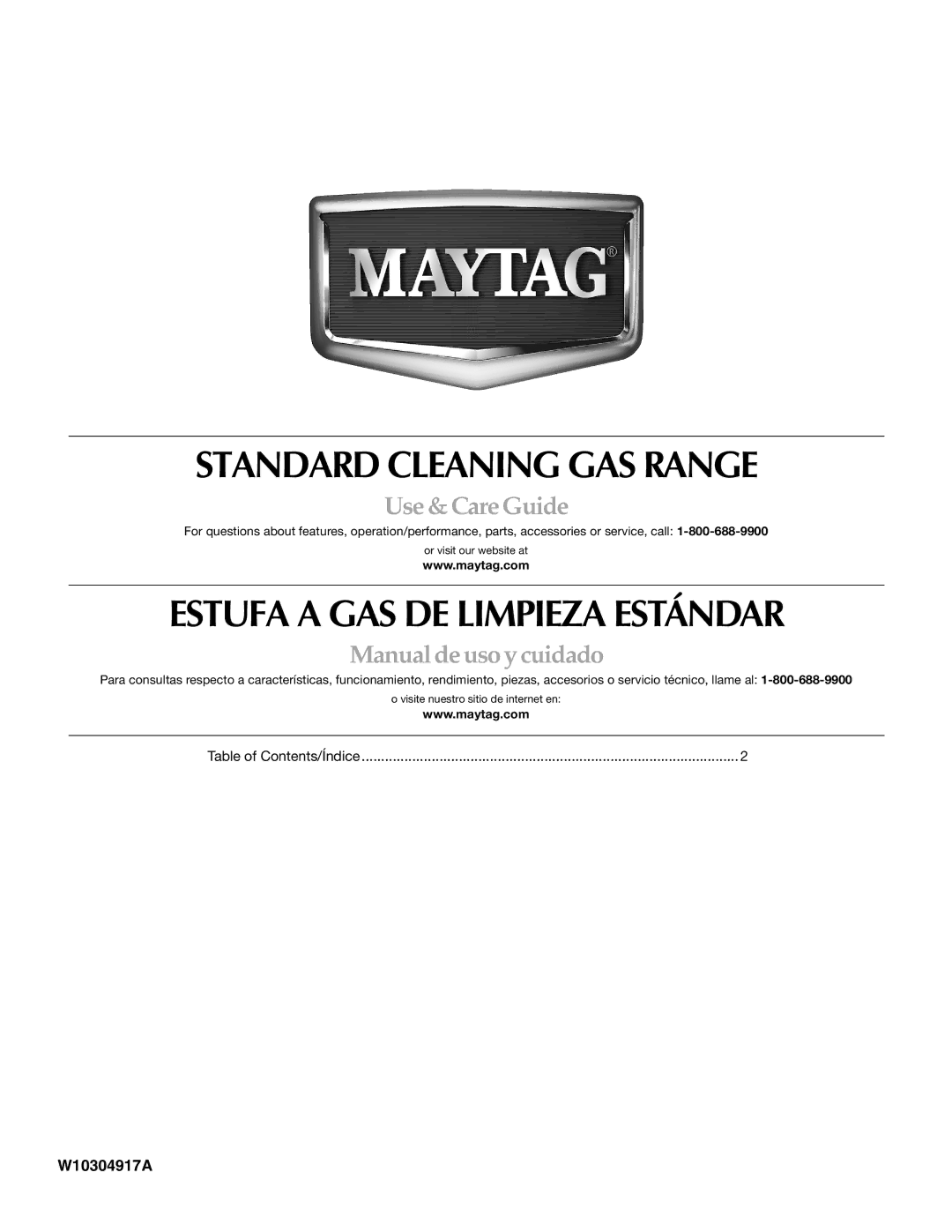 Maytag W10304917A manual Standard Cleaning GAS Range 