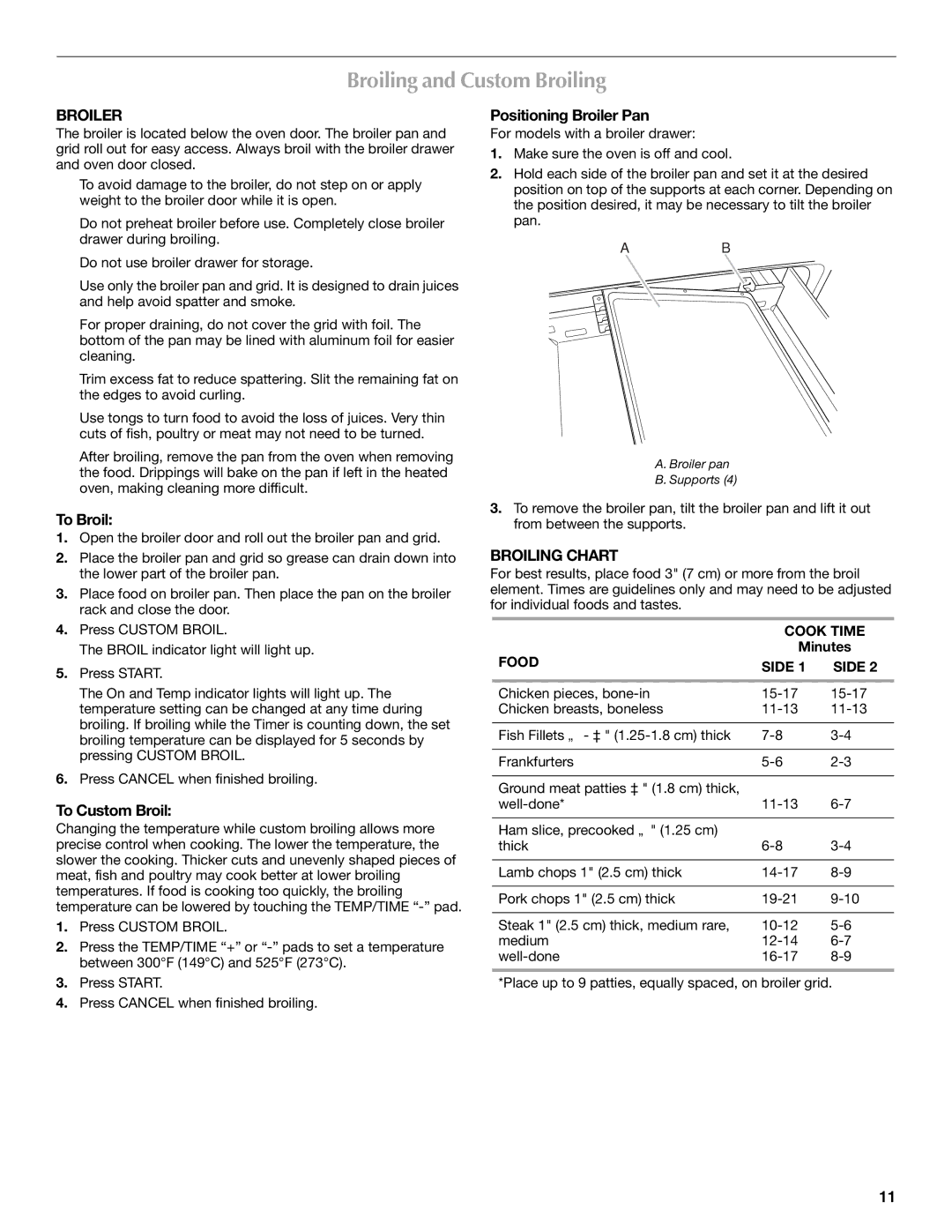 Maytag W10304917A manual Broiling and Custom Broiling, Broiler, Broiling Chart 