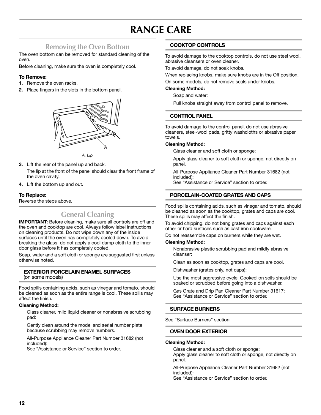 Maytag W10304917A manual Range Care, Removing the Oven Bottom, General Cleaning 