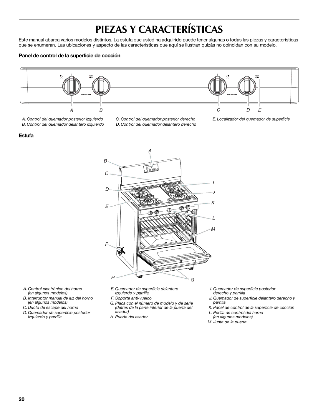 Maytag W10304917A manual Piezas Y Características, Panel de control de la superficie de cocción, Estufa 