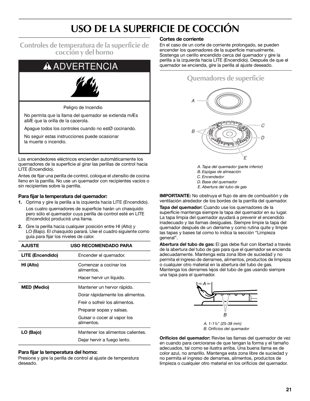 Maytag W10304917A manual USO DE LA Superficie DE Cocción, Cocción y del horno, Quemadores de superficie 