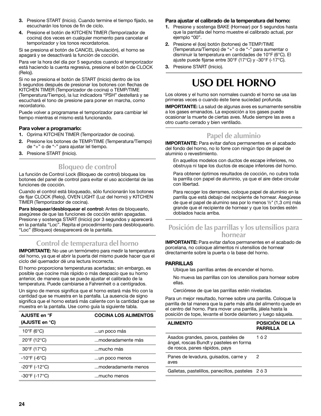 Maytag W10304917A manual USO DEL Horno, Bloqueo de control, Control de temperatura del horno, Papel de aluminio, Hornear 