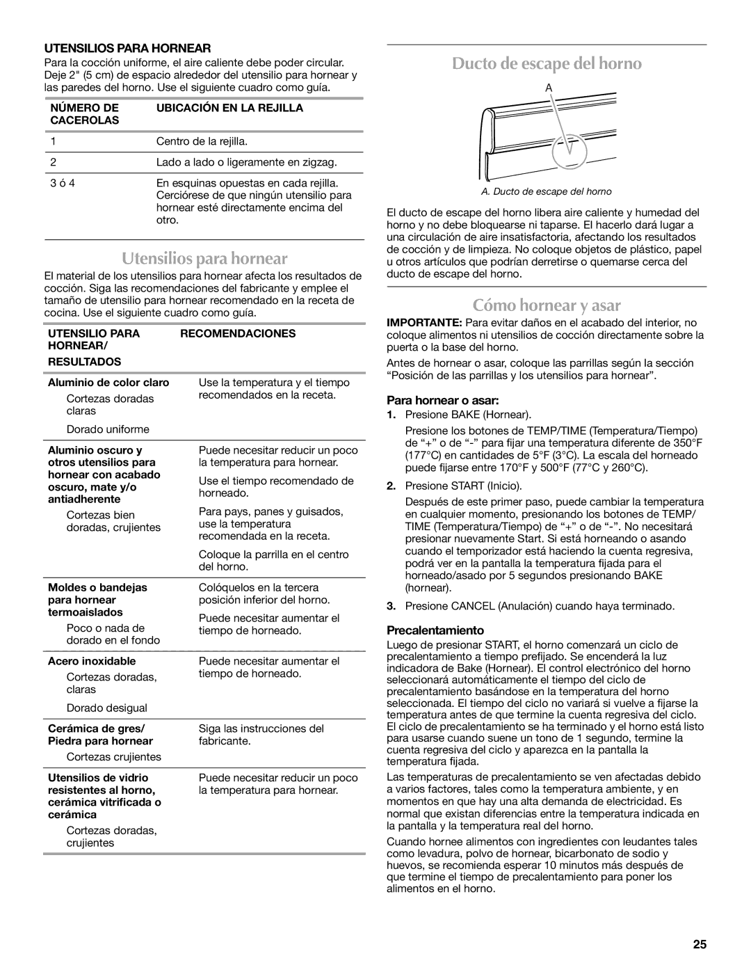 Maytag W10304917A manual Utensilios para hornear, Ducto de escape del horno, Cómo hornear y asar, Utensilios Para Hornear 