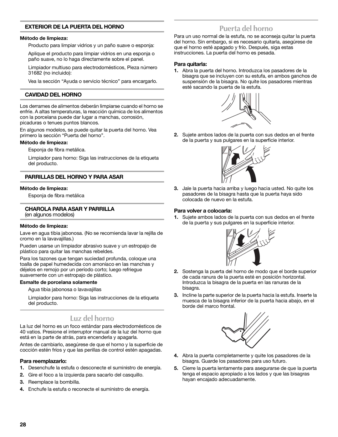 Maytag W10304917A manual Luz del horno, Puerta del horno, Exterior DE LA Puerta DEL Horno, Cavidad DEL Horno 