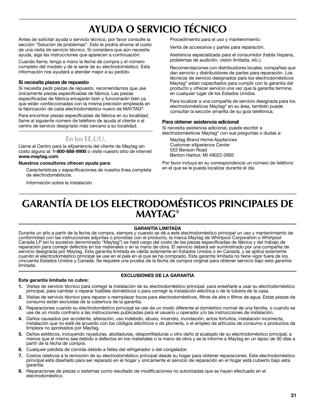 Maytag W10304917A manual Ayuda O Servicio Técnico, Maytag, En los EE.UU, Si necesita piezas de repuesto 