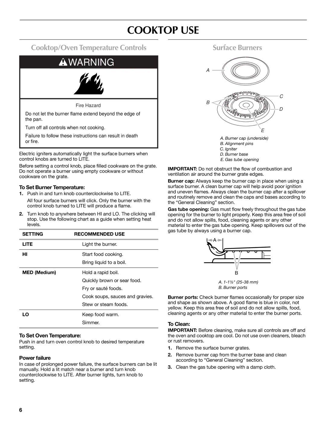 Maytag W10304917A manual Cooktop USE, Surface Burners 