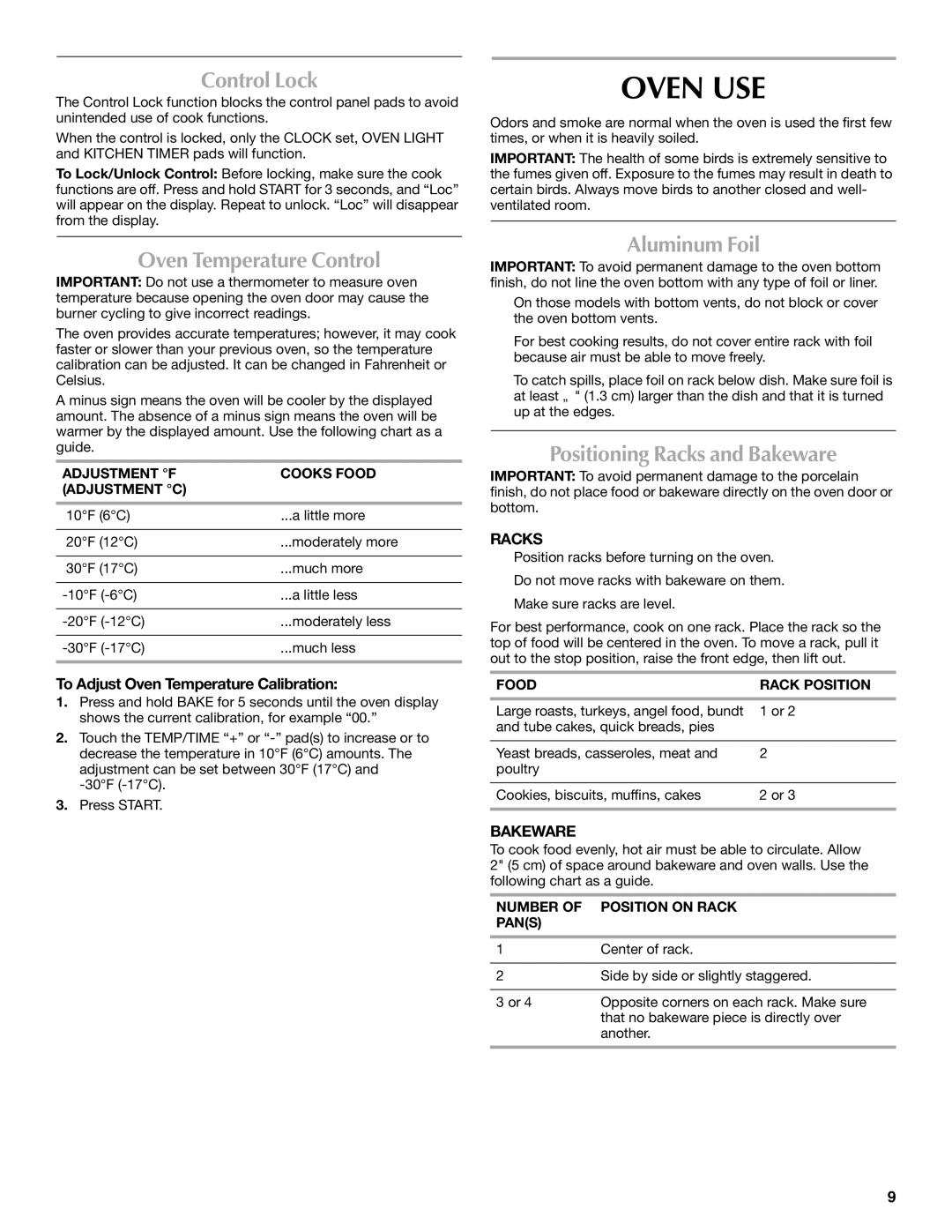 Maytag W10304917A manual Oven USE, Control Lock, Oven Temperature Control, Aluminum Foil, Positioning Racks and Bakeware 