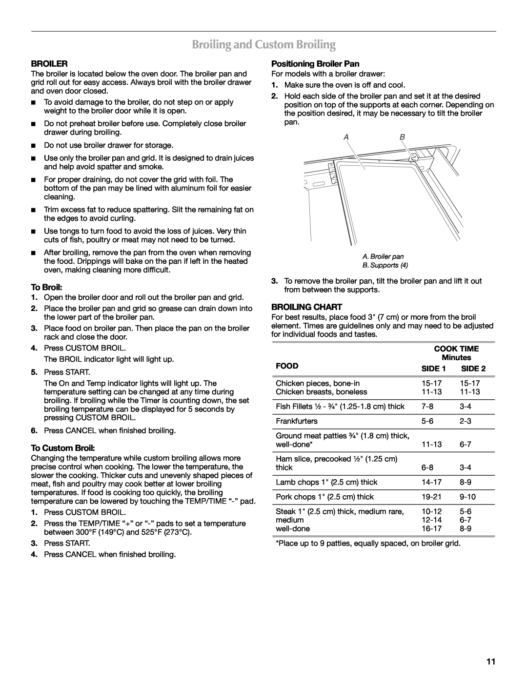 Maytag W10304917A Broiling and Custom Broiling, To Broil, To Custom Broil, Positioning Broiler Pan, Broiling Chart 