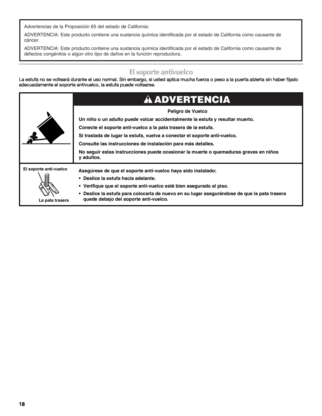 Maytag W10304917A manual Advertencia, El soporte antivuelco 