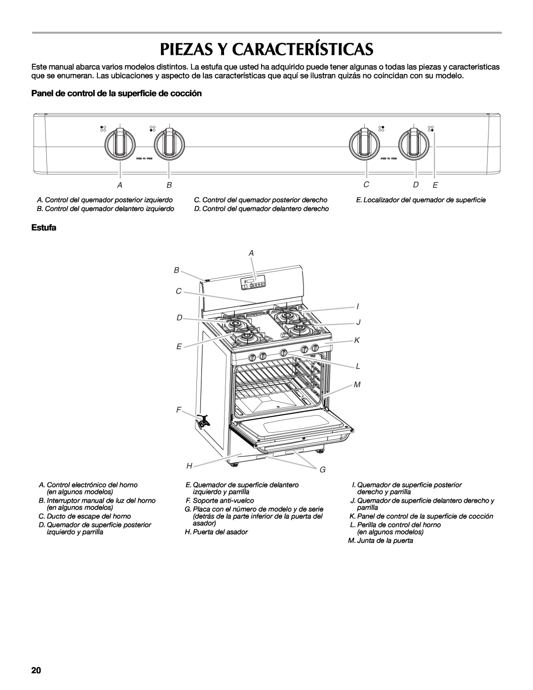Maytag W10304917A Piezas Y Características, Panel de control de la superficie de cocción, Estufa, B C D E, I J K, L M F 