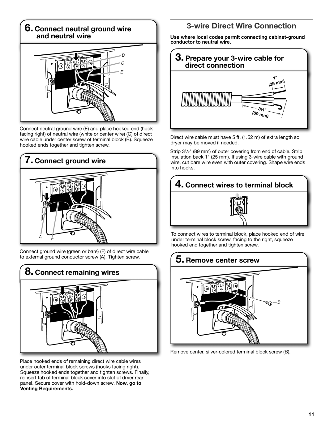 Maytag W10096988A, W10306460A-SP Prepare your 3-wire cable for direct connection, Venting Requirements 