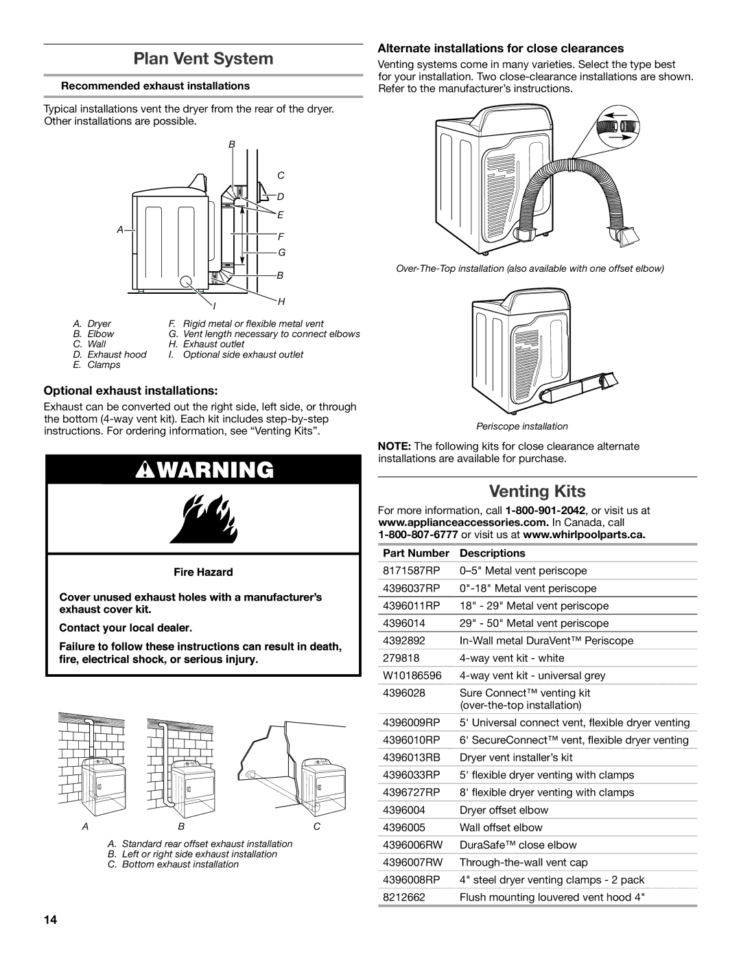 Maytag W10306460A-SP, W10096988A installation instructions Plan Vent System, Venting Kits, Optional exhaust installations 