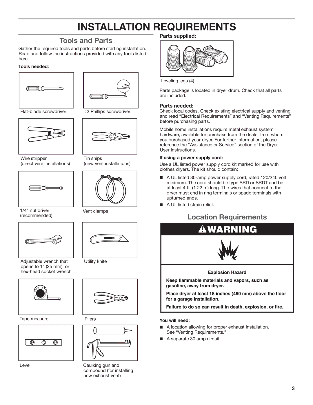 Maytag W10096988A, W10306460A-SP Tools and Parts, Location Requirements, Parts supplied, Parts needed 