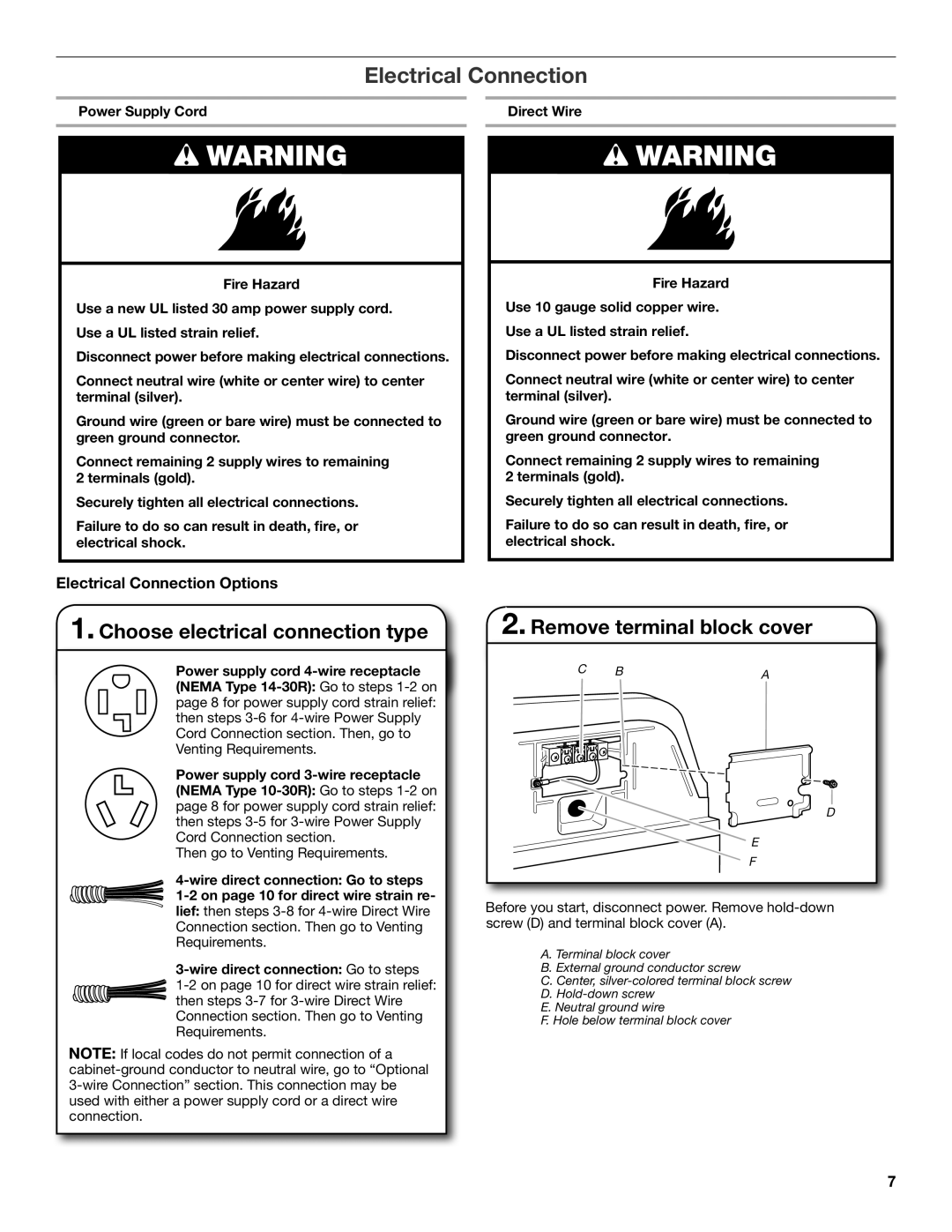 Maytag W10096988A, W10306460A-SP Electrical Connection, Choose electrical connection type, Remove terminal block cover 